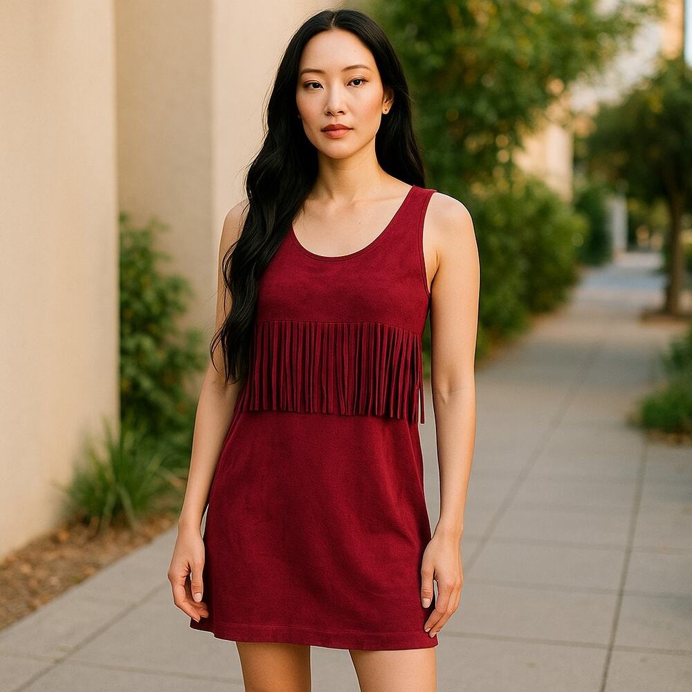 Poof! Womens Bodice Fringe Dress Microsuede Burgundy NEW Size Small